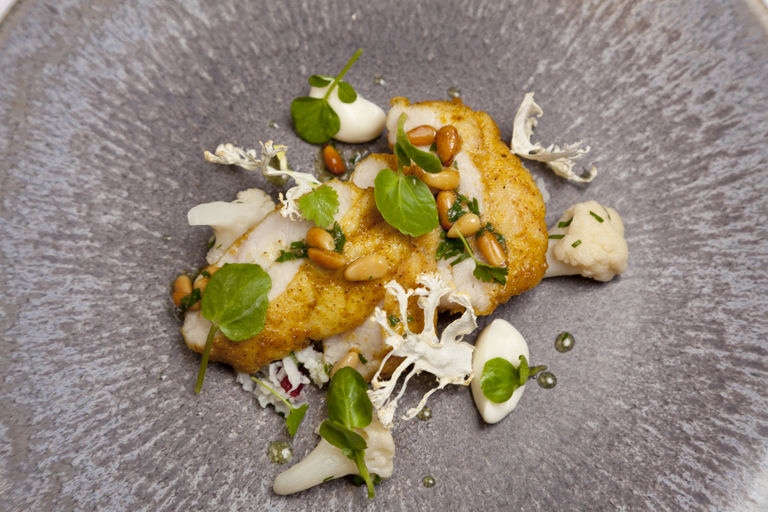 Veal sweetbreads with ras el hanout, cauliflower purée, watercress and coriander