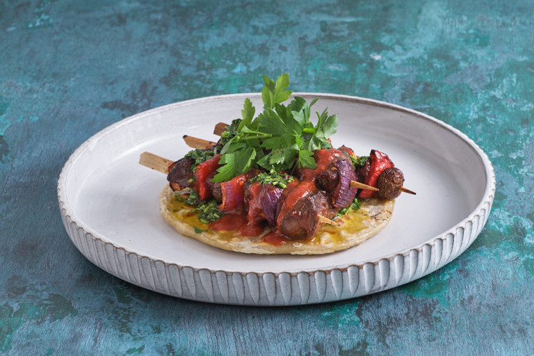 Reaper beef kabobs with chimichurri and cumin flatbreads