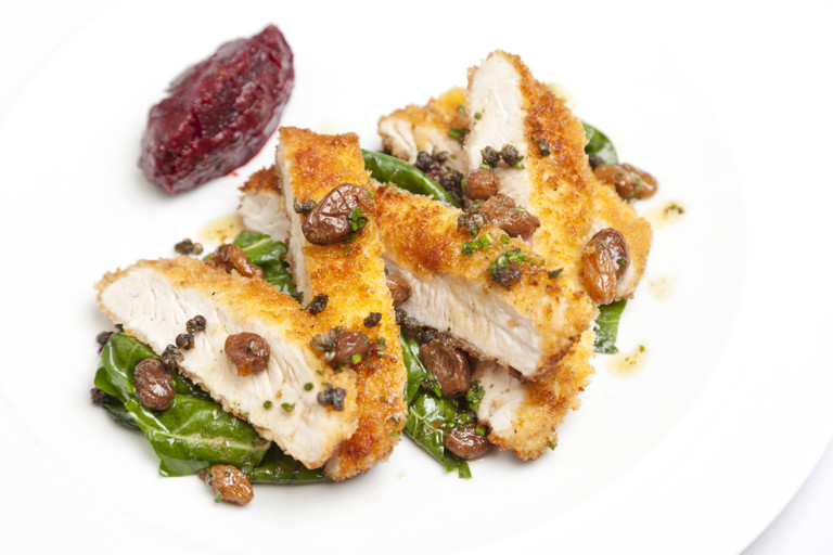 Turkey escalope with beetroot and caper chutney, golden raisins and pan juices