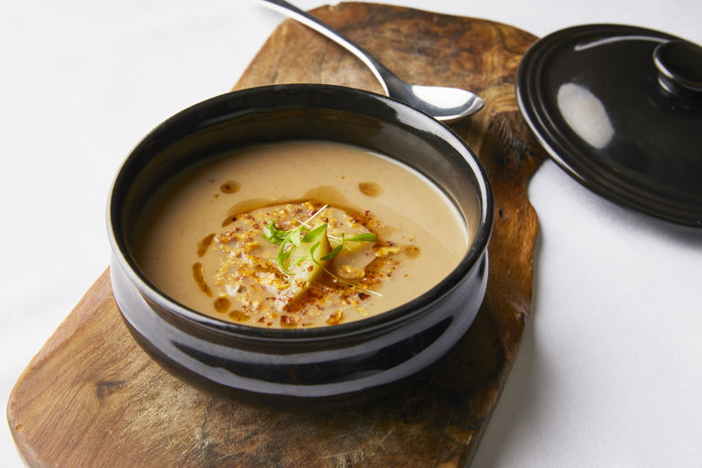 Caramelise jerusalem artichoke soup, with burnt pear and walnut 
