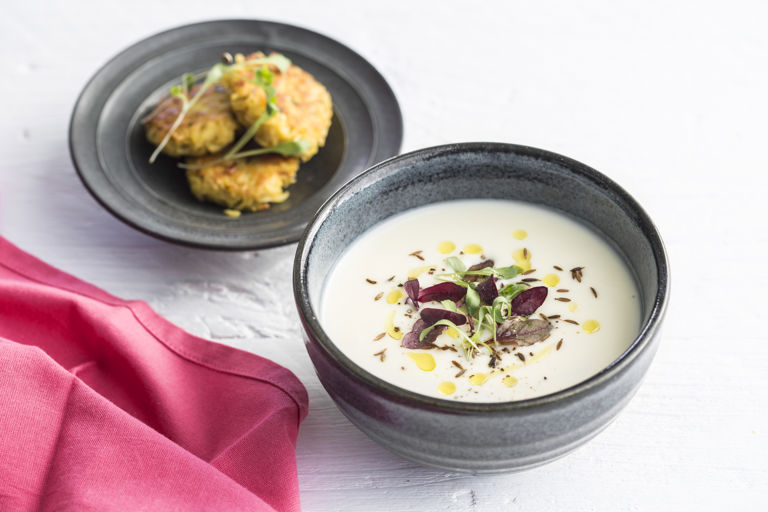 Caramelised parsnip and coconut soup with parsnip bhajis
