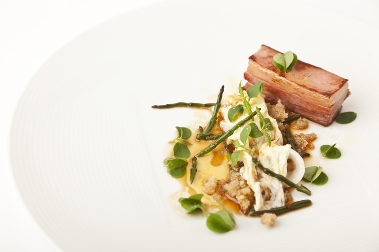 Lamb belly with amaranth and milk skin