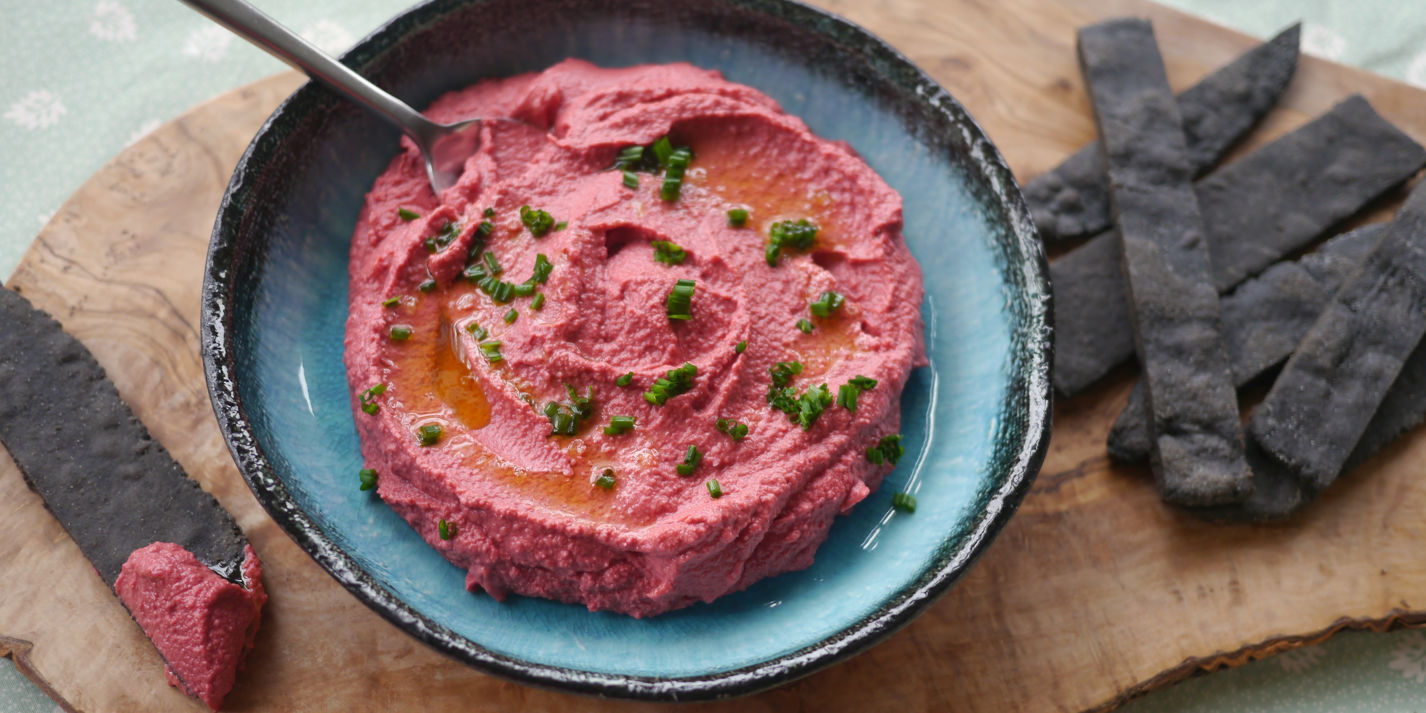 Beetroot Hummus Recipe with Squid Ink Flatbreads - Great British Chefs