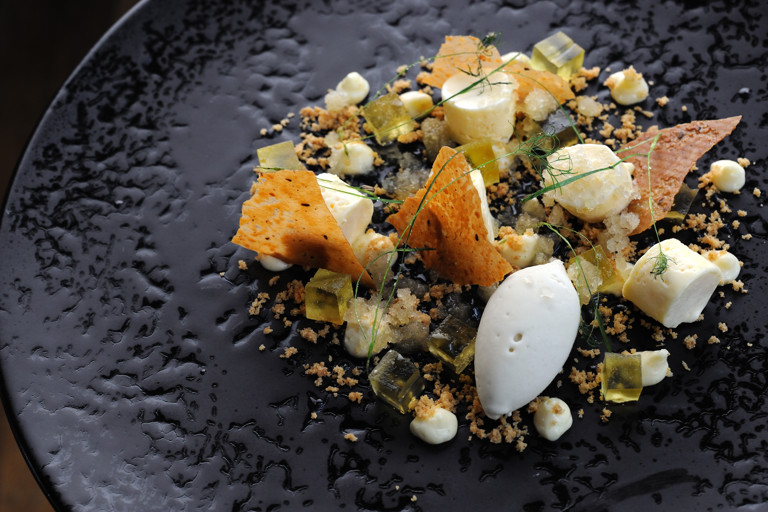 Lemon parfait, fennel pollen ice cream, fennel granita, and olive oil jelly