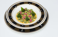 Nettle gnocchi with fois gras cream and grape caviar