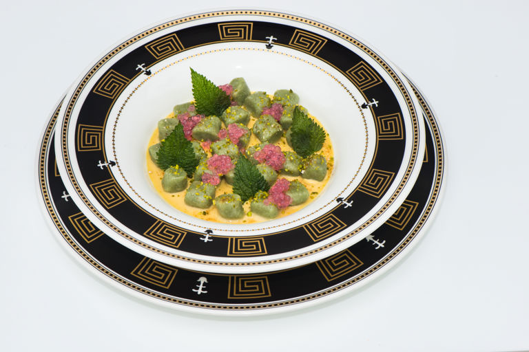 Nettle gnocchi with fois gras cream and grape caviar
