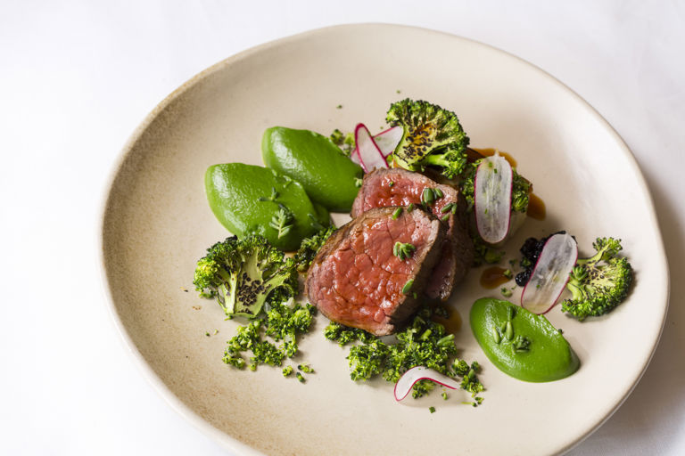 Beef and blue cheese with broccoli and smoked pomme anna