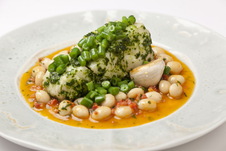 Cod with chorizo and white beans