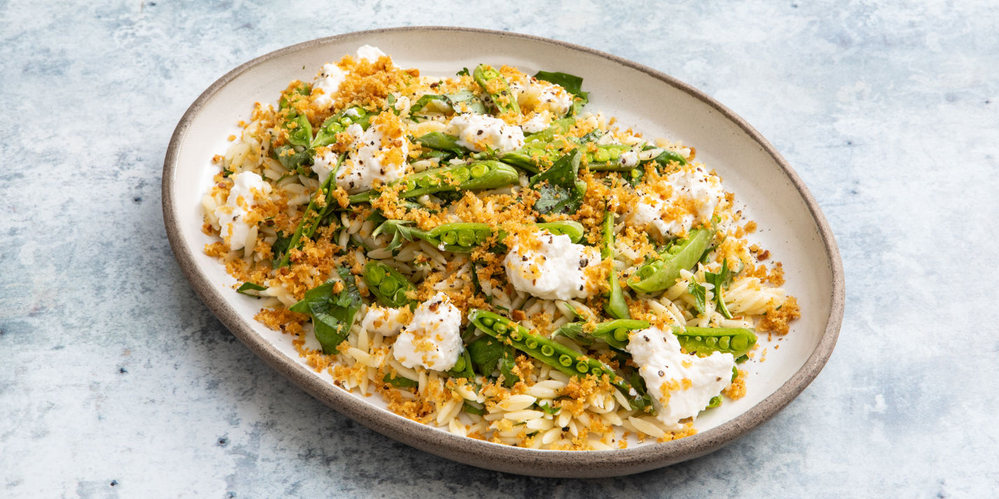 Herbed Orzo Salad with Sugar Snaps, Ricotta and Pangrattato Recipe