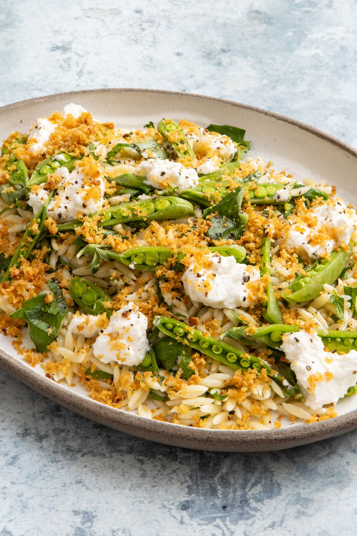 Herbed Orzo Salad with Sugar Snaps, Ricotta and Pangrattato Recipe