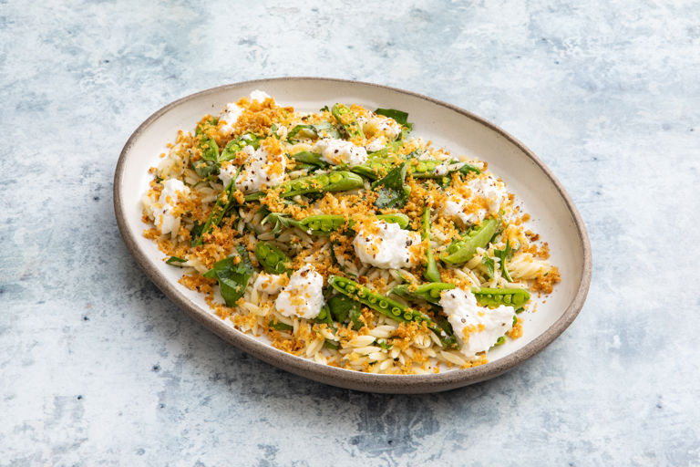 Herbed orzo salad with sugar snaps, ricotta and pangrattato 