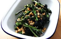 Purple sprouting broccoli with hazelnuts