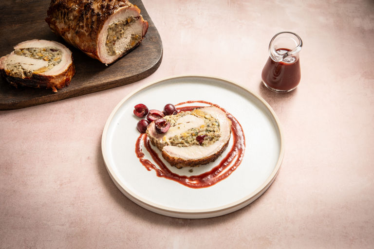 Barbecue stuffed pork loin with cherry jus