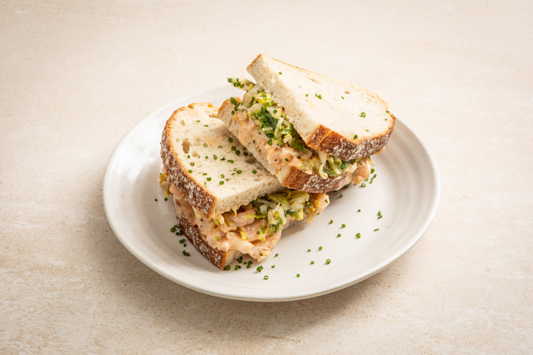 Prawn cocktail sandwich with charred baby gem