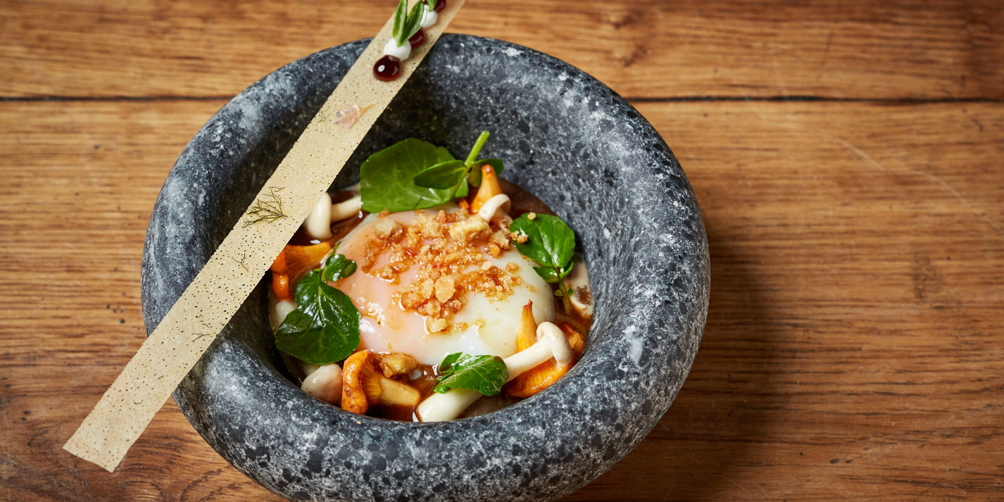 Slow-Cooked Hen's Egg with Girolles and Goat's curd Recipe