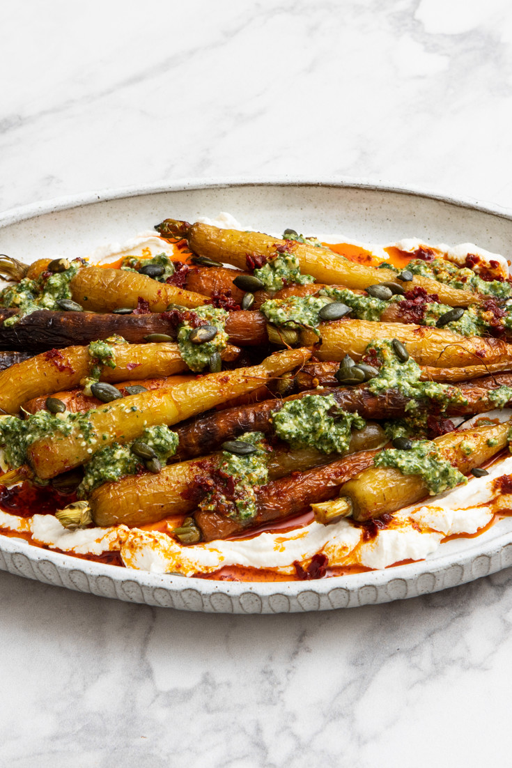 Roasted Carrots with Ricotta, Harissa Oil, Carrot Top Pesto and Pumpkin Seeds Recipe Great