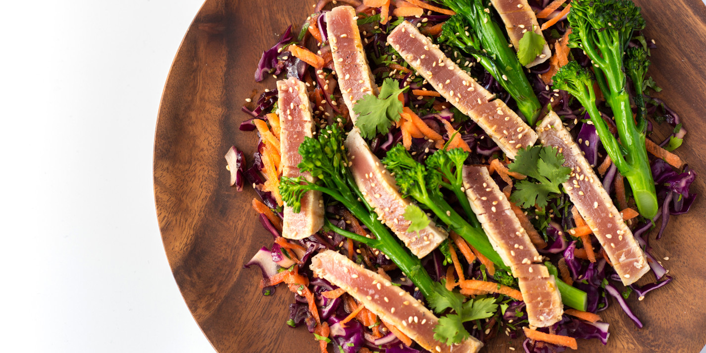 image of Grilled Tuna Steak, Asian-Style Red Cabbage Coleslaw recipe by Great British Chefs