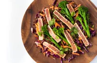 Grilled tuna steak, Asian style red cabbage slaw