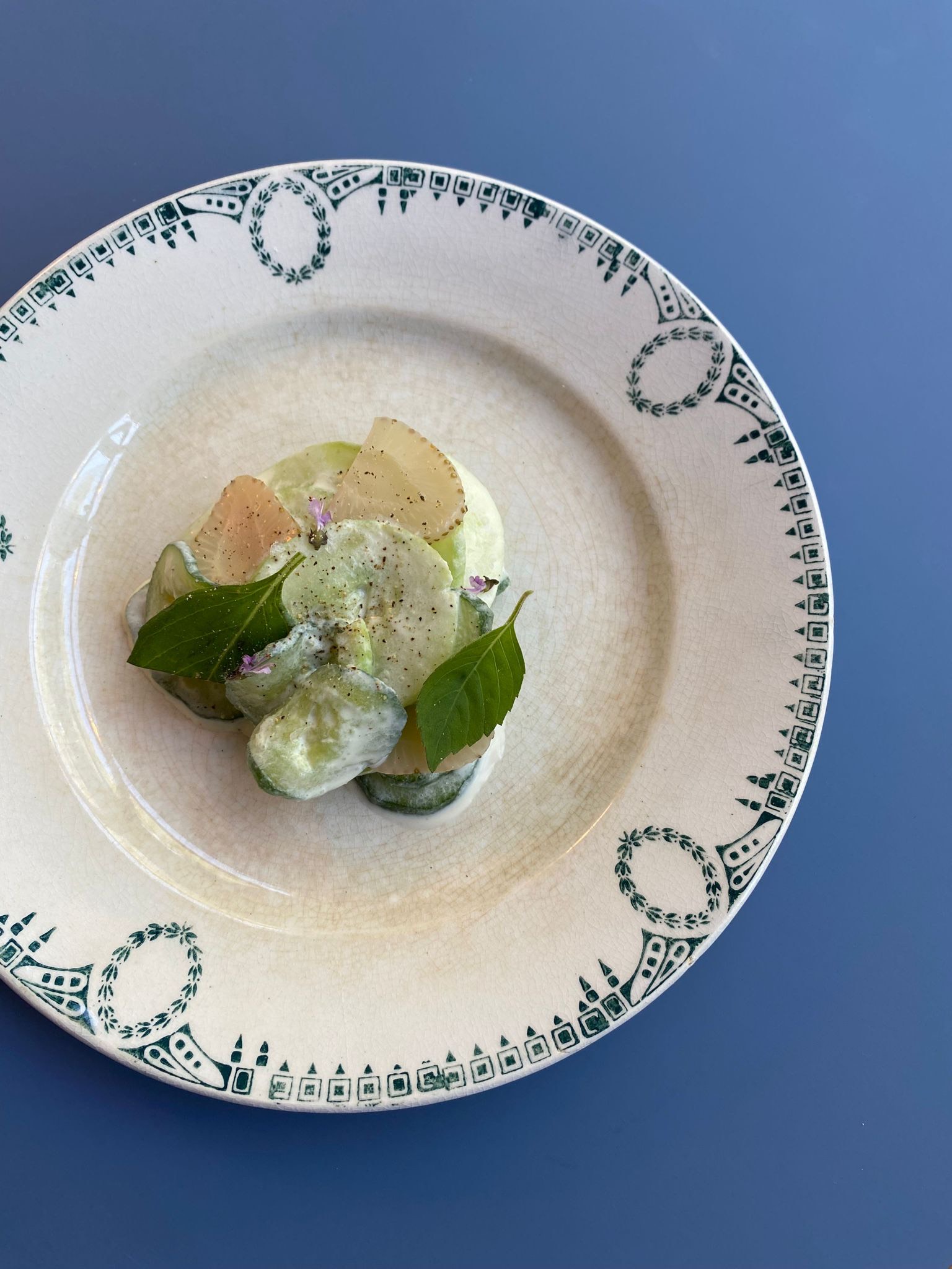 cucumber, cultured cream, green strawberries and basil at Cadet in Newington Green
