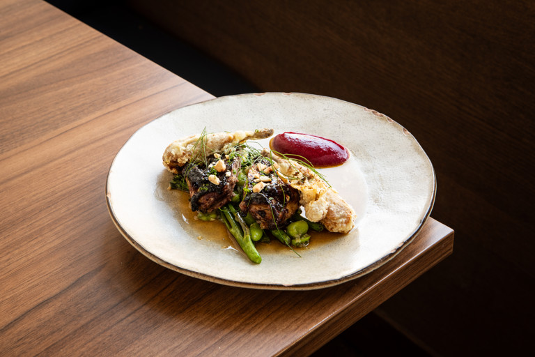 Quail glazed with blackberry tare, crispy stuffed legs, redgage ketchup and tenderstem broccoli
