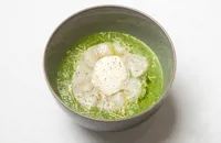 Nettle broth with scallops and horseradish