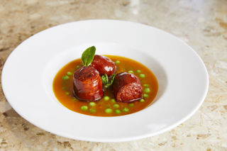 Chorizo with minted peas