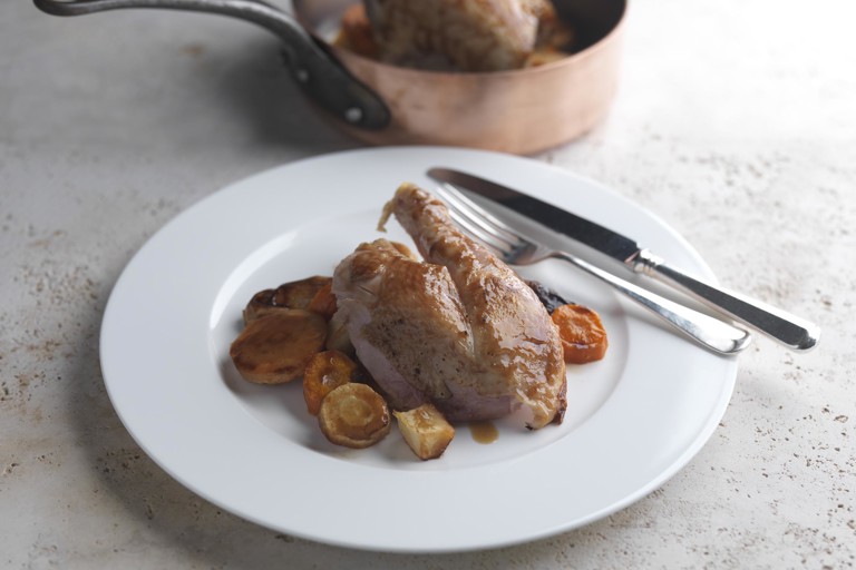 Roast free-range chicken with vegetables, sage and cider 