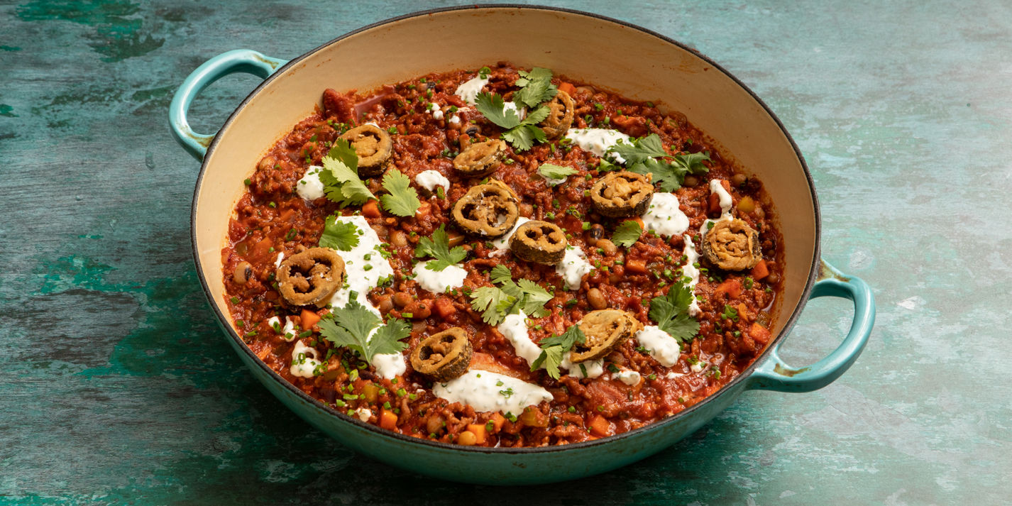 Beef and Bacon Chilli With Black Eye Beans, Fried Jalapeño Slices and Chive Sour Cream Recipe - Grea