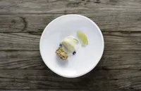 Honey ice cream with kefir, walnut meringue and summer pears