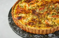 Salmon, dill and sour cream quiche with a rye crust