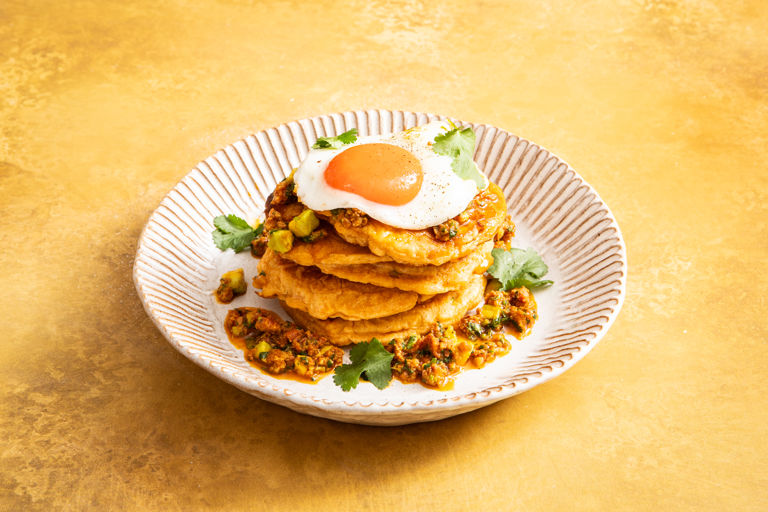 Savoury sweetcorn pancakes with chorizo salsa and fried eggs