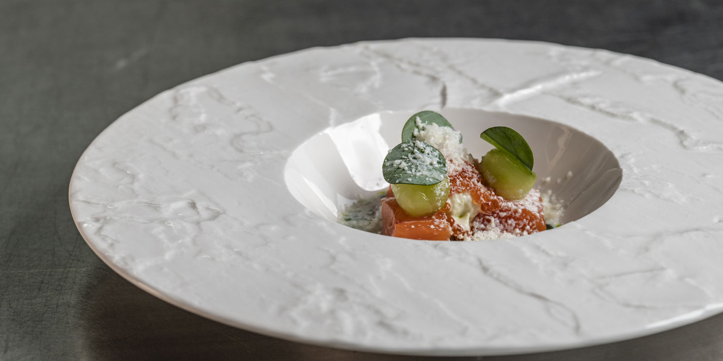 Cured Loch Duart Salmon, Oyster Mayonnaise, Pickled Cucumber Balls and Horseradish Snow Recipe - Gre