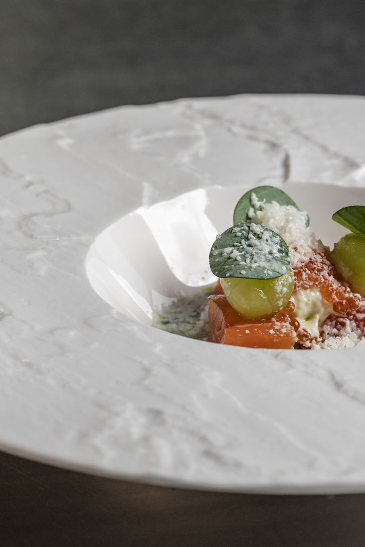 Cured Loch Duart Salmon, Oyster Mayonnaise, Pickled Cucumber Balls and