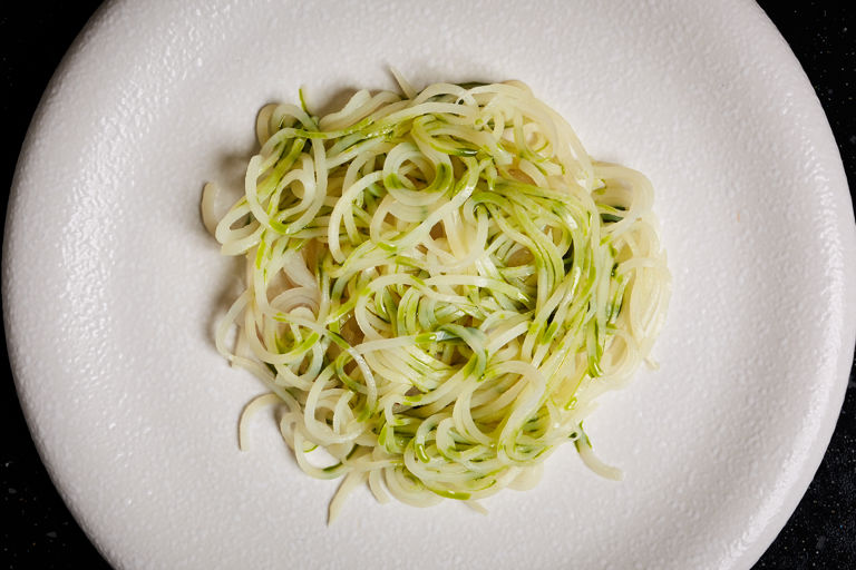 Cured cod with pickled potato noodles and coriander oil 