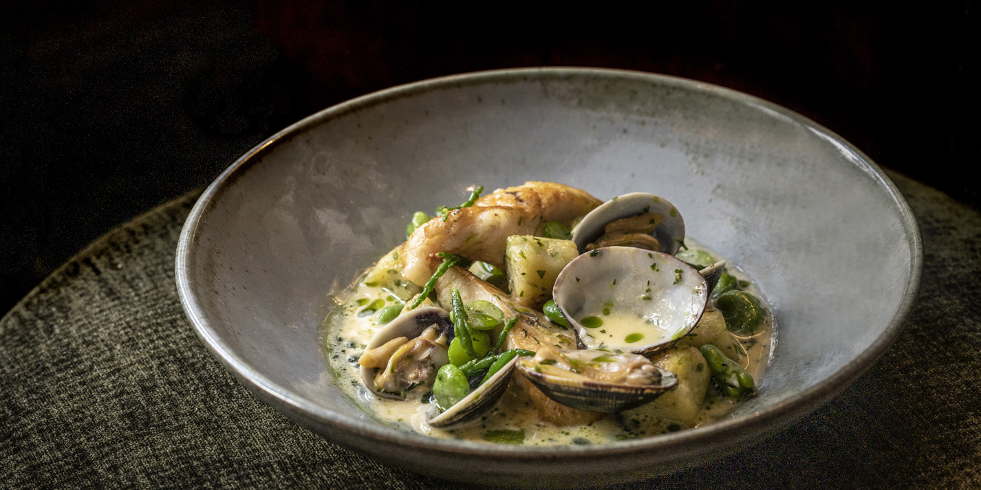 John Dory with Herb Dumplings, Clams and Vermouth Sauce Recipe Great