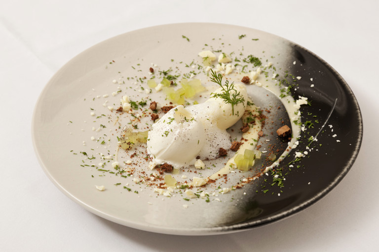 White chocolate mousse and sorbet with dill and cucumber