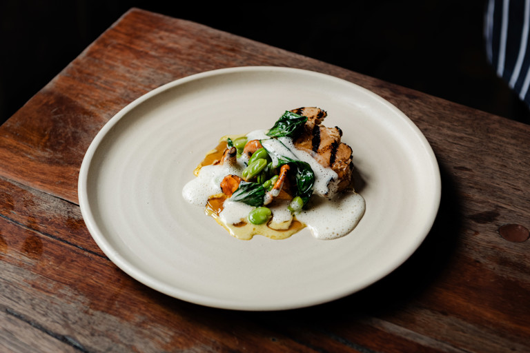 Summer mushrooms, broad beans, egg yolk and fenugreek