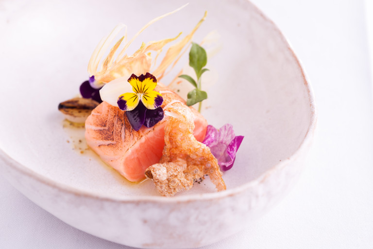 Wester Ross seared salmon loin, fennel pollen, sweet onion, garden hints