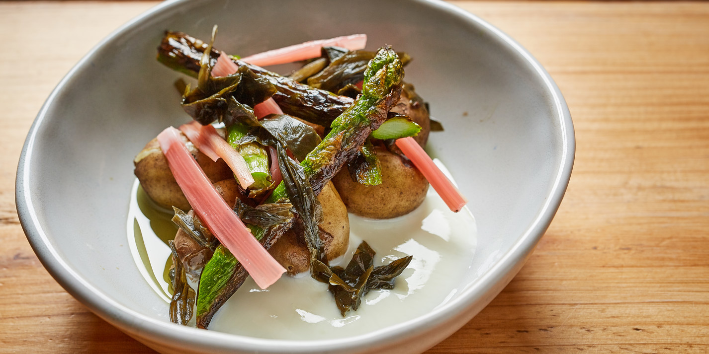 Jersey Royals with Asparagus, Rhubarb and Buttermilk Recipe Great British Chefs
