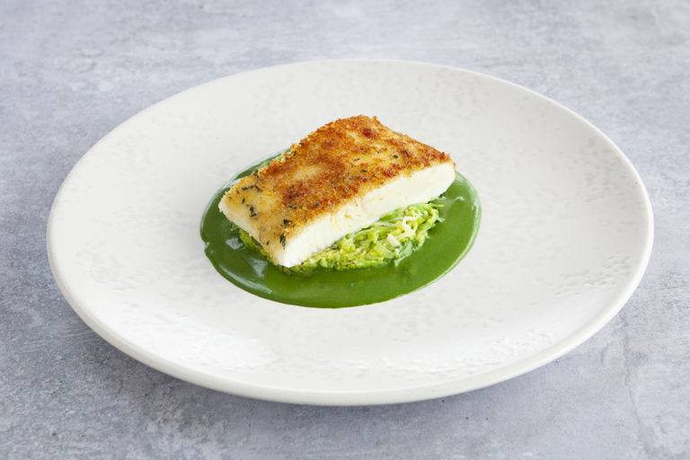 Gruyère crusted halibut with leek fondue and parsley sauce 
