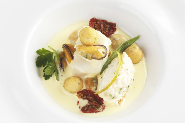 Potage of mussels and salt cod with Whitby crab croutes
