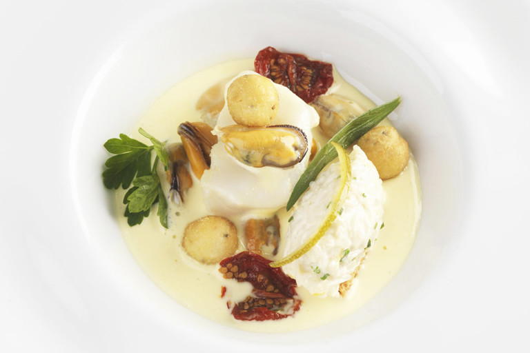 Potage of mussels and salt cod with Whitby crab croutes
