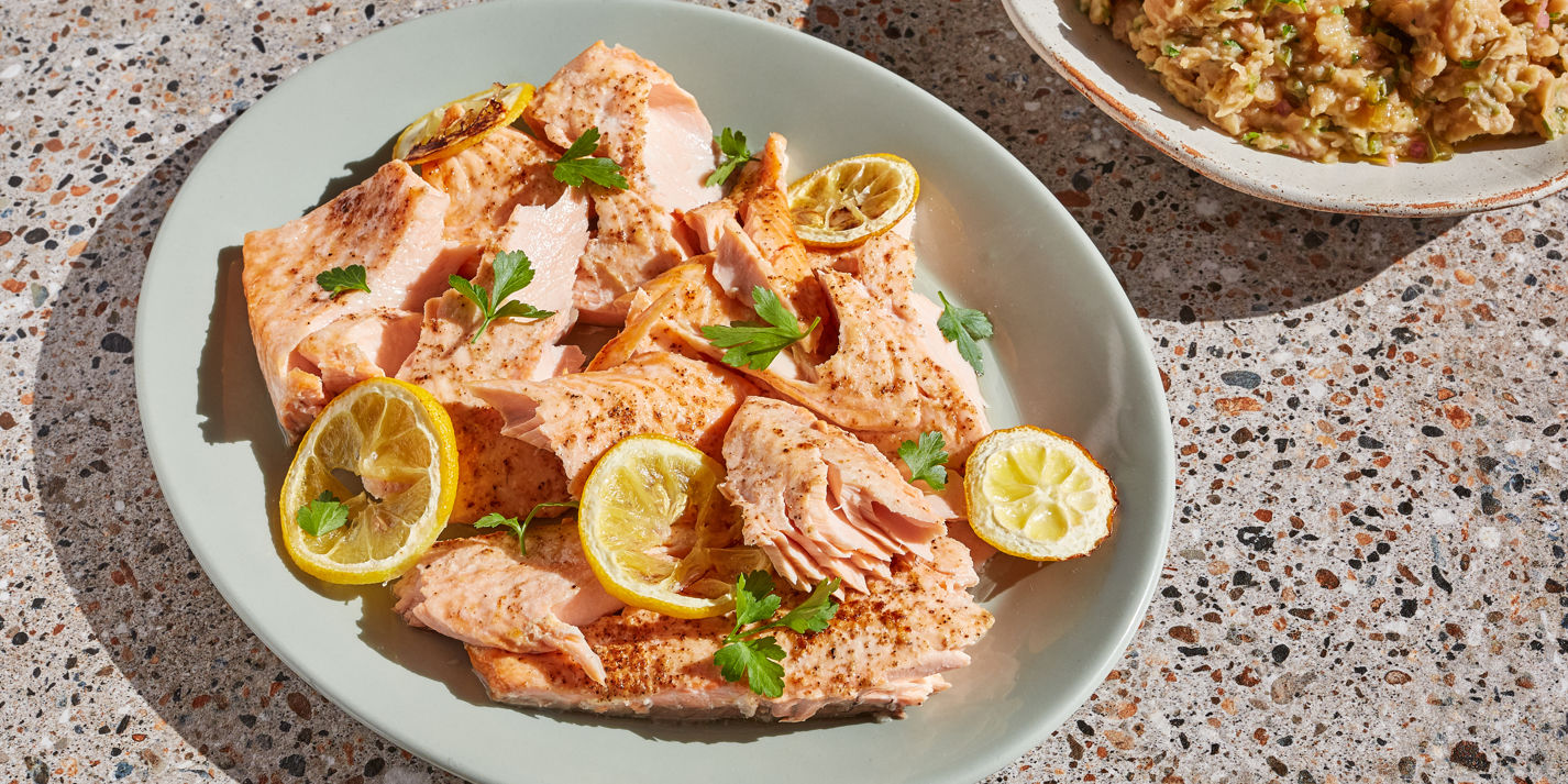 Roast Salmon with Crushed Butter Beans Recipe - Great British Chefs