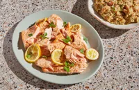 Roast salmon with crushed butter beans