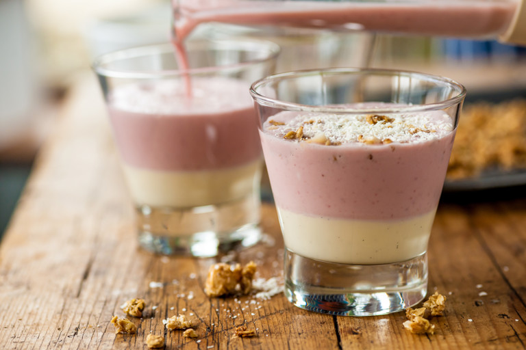 Rhubarb smoothie topped with custard and granola