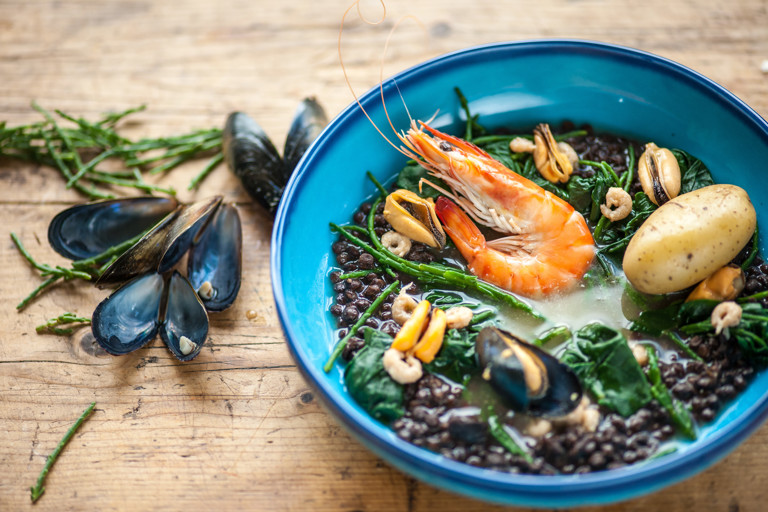 Seafood stew with mussels and shrimp