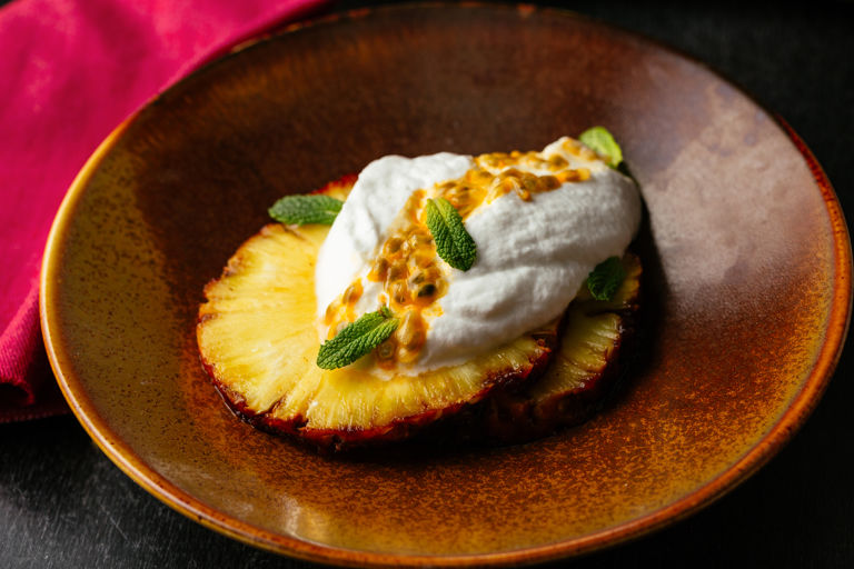Coconut mousse with passion fruit, lime and roasted pineapple