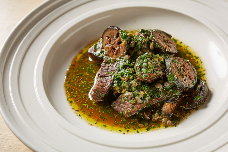Braised beef with salsa verde and pickled walnuts