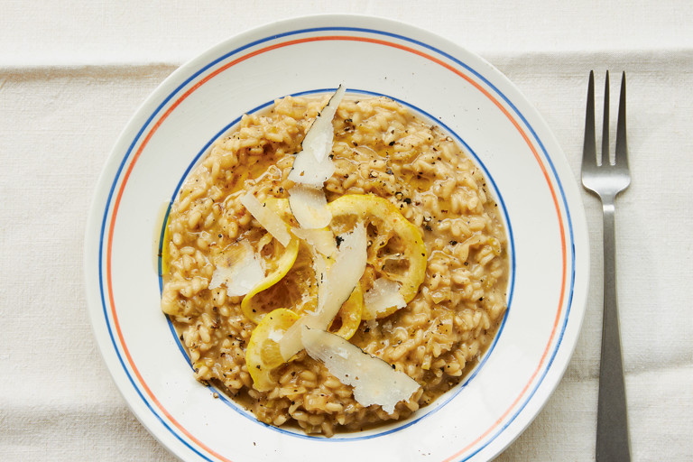 Cacio e pepe risotto with brown-butter lemons