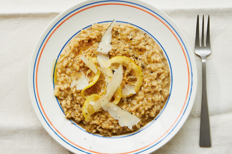 Cacio e pepe risotto with brown-butter lemons